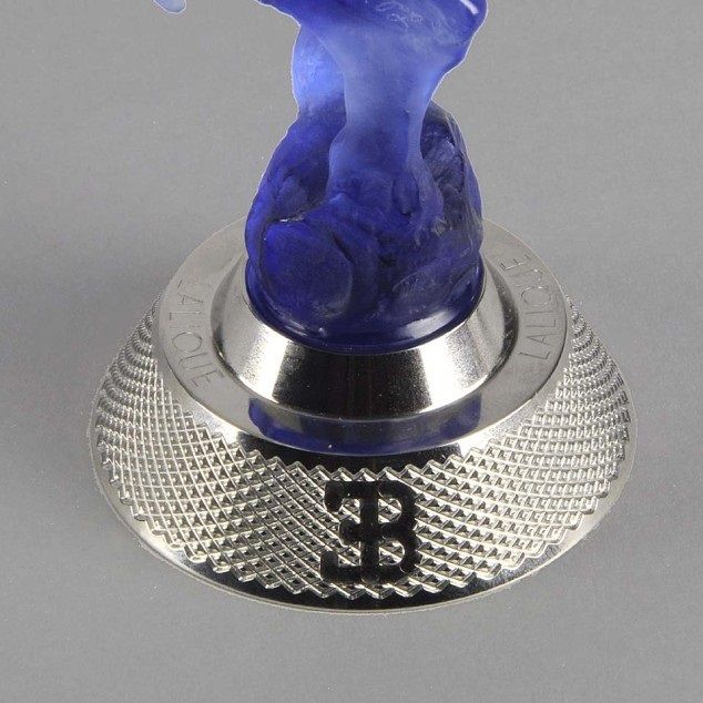 Elephant Rampante in blue coloured christal showing detail of the unique Lalique factory produced base in chromed metal having the E B (Ettore Bugatti) initials cast into it.